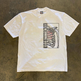 圆领男女通用上衣 套头短袖 100%纯棉300克美式 复古骷髅印花T恤夏季