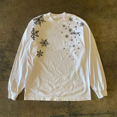 300克重磅！高街休闲打底T恤长袖打底衫百搭宽松圆领简约印花星星