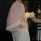 汉元 裳宫语 粉佳人 素羊毛斗篷大衣狐狸毛围脖秋冬上新