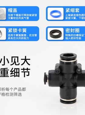 气动塑料四通PZA黑白快o插气管接头快速十字接头PZA-4/6/8/10/12