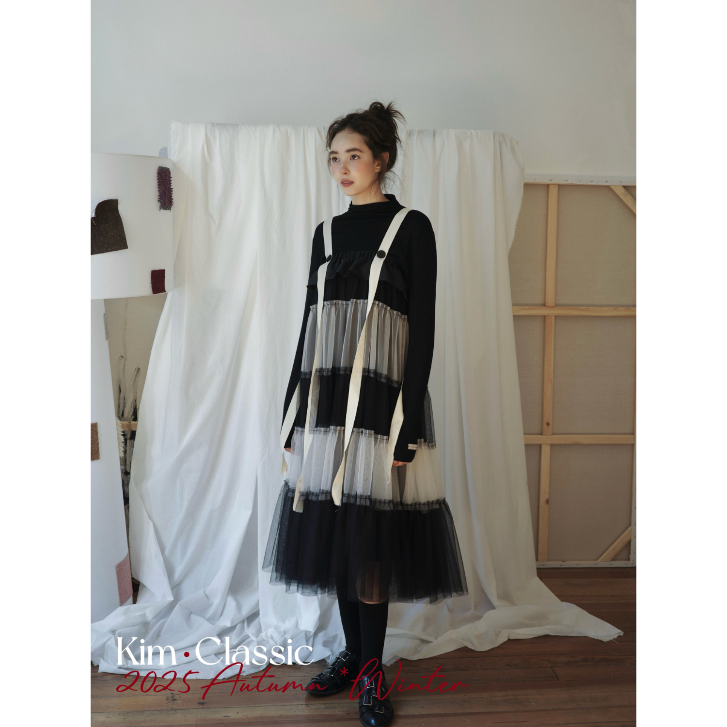 KIM Classic「Andrion」黑白撞色拼纱设计感两穿松紧腰背带半裙