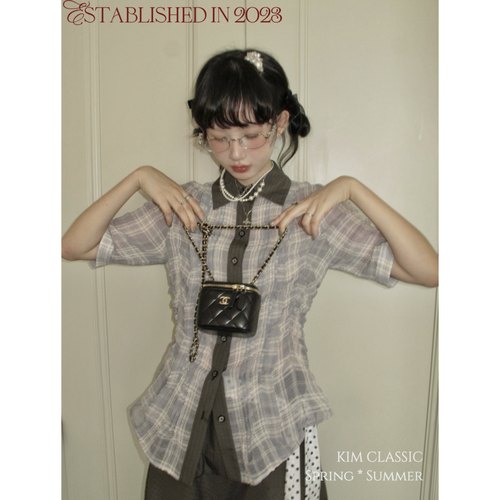 KIM Classic「Verdure」格子拼色胸前褶皱显瘦衬衫