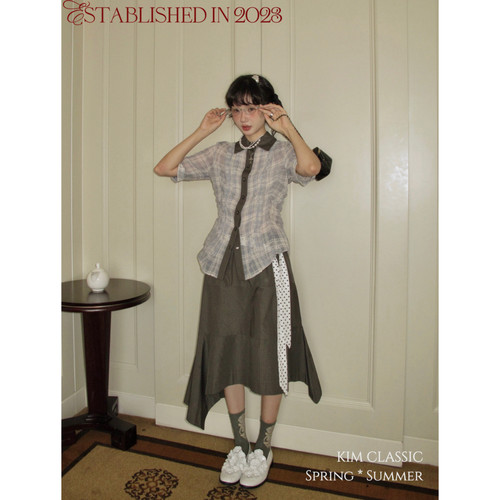 KIM Classic「Nemophilist」撞色拼接格子不规则剪裁半裙
