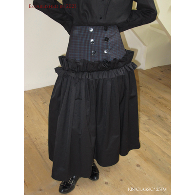 格纹百褶花边双排扣设计半身长裙