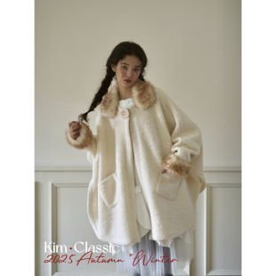 KIM Classic「Awn」小鹿斑比65羊毛圈圈毛可拆毛毛领奶白大衣