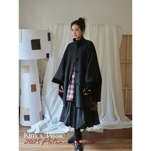 斗篷大衣 Logpile」暗黑复古羊毛呢拼接丝绒蝙蝠袖 KIM Classic「