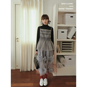 KIM Classic「Marzipan」灰色网纱花卉拼接格纹两面穿绑带连衣裙