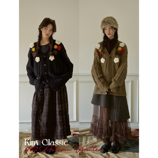 KIM 大毛衣 Classic「Barley」手工花朵vintage粗棒针麻花纹理开衫