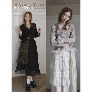 KIM Classic「Dim」天丝网纱拼接褶皱绑带花纹开衫
