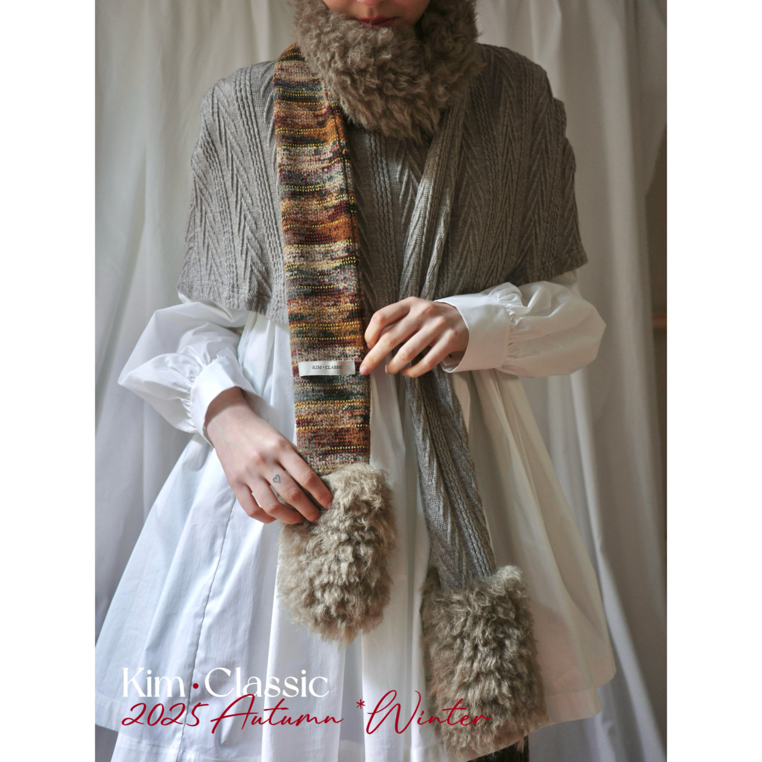 KIM Classic「Warm Ash」岩彩毛线针织拼接羊羔毛绒绒长围巾