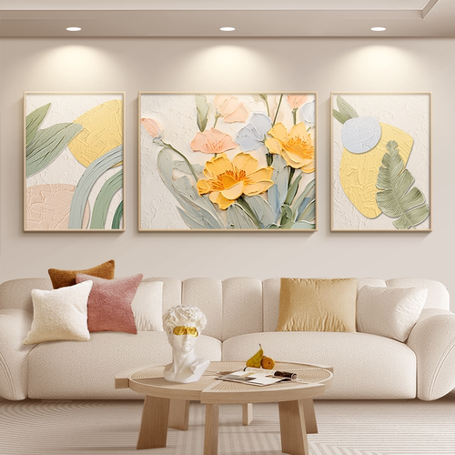奶油风大芬油画村客厅装饰画简约肌理感花卉三联挂画高级艺术壁画