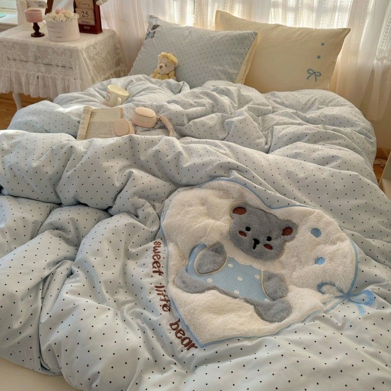 可爱卡通贴布绣ins风水洗棉四件套床单被套学生宿舍床上三件套