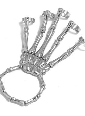 欧美新款手饰时尚个性朋克骷髅手骨百搭五指戒指手链可调节一体链