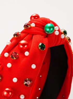 欧美圣诞节珍珠发箍红绿色镶钻头箍女 简约百搭潮流发饰Christmas