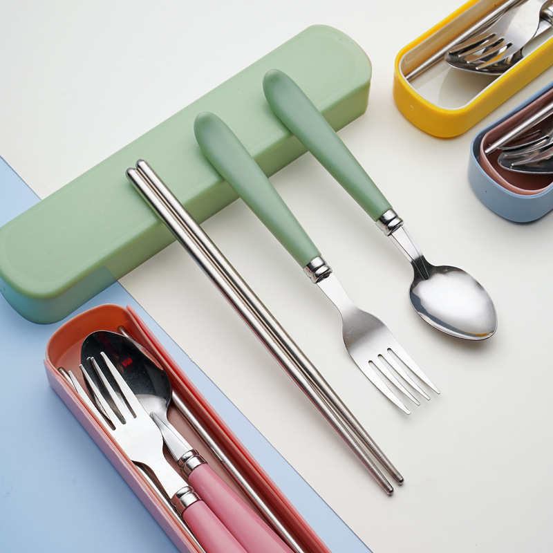 不锈钢儿童便携餐具套装学生吃饭叉子筷子勺子收纳盒3件套