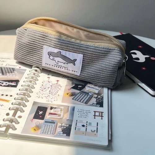 可爱鲨鱼灯芯绒笔袋文具收纳袋耐脏男女通用韩版