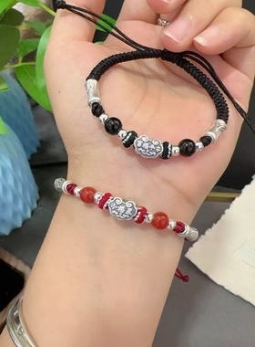 999足银小福星百福平安锁手链女款纯银转运 红绳本命年男生编织