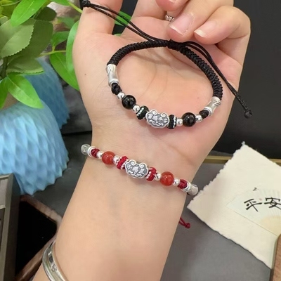 999足银小福星百福平安锁手链女款纯银转运 红绳本命年男生编织