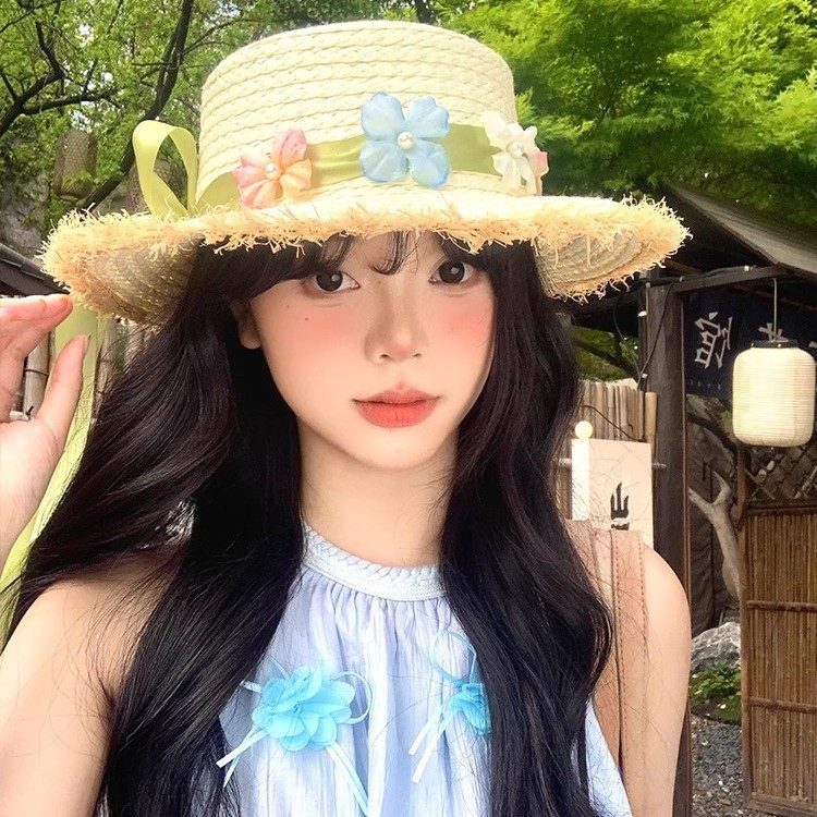 蝴蝶结花朵平顶拉菲草帽女夏季海边沙滩度假风太阳帽子防晒遮阳帽
