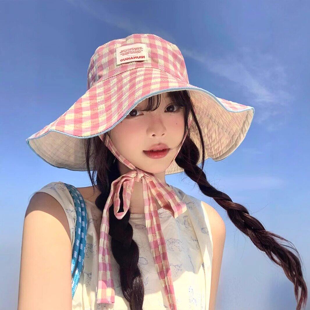 韩版格纹宽边系带双面渔夫帽女夏季大帽檐显脸小遮阳帽子防晒盆帽