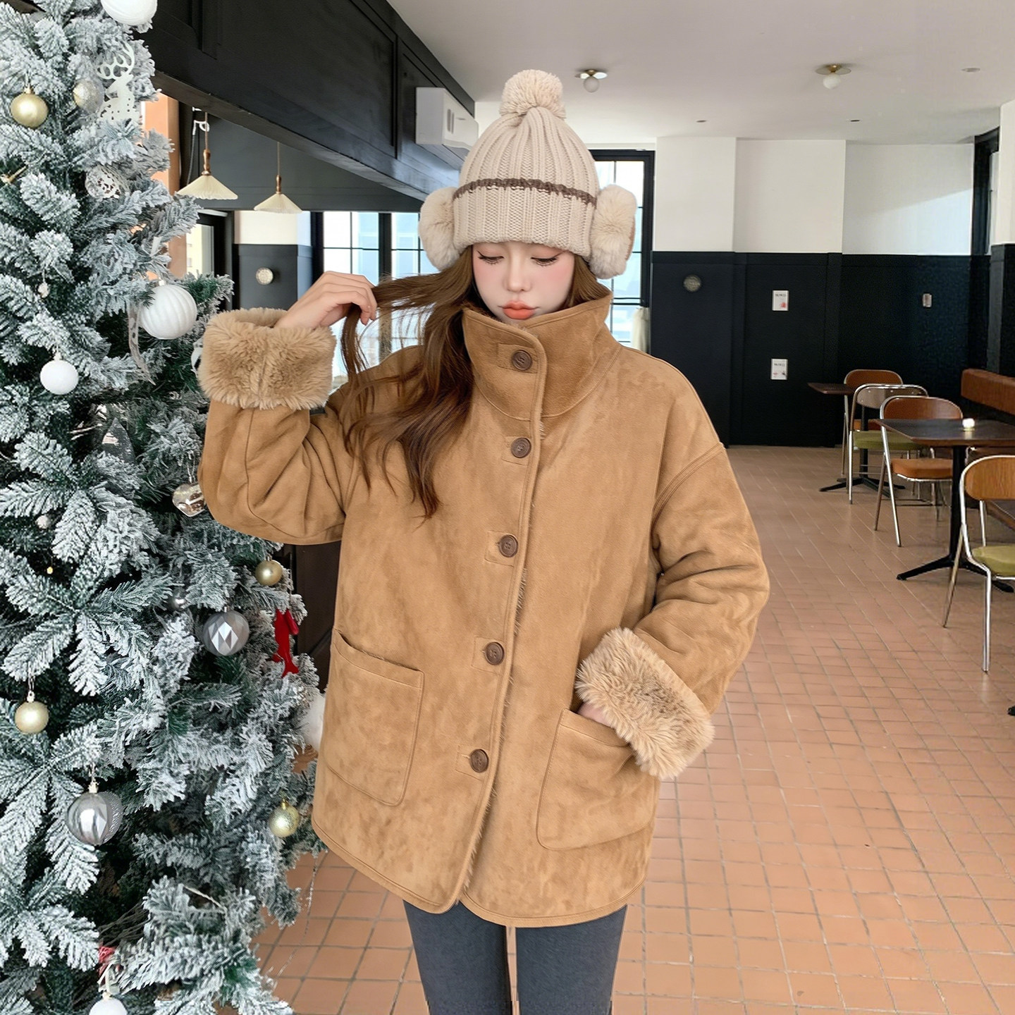 秋冬季两面穿皮毛一体羊羔毛机车服毛绒外套女加厚保暖麂皮绒大衣