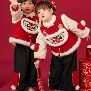 男女童汉服冬季拜年服加厚古风儿童红色喜庆新年加绒裤子套装礼服