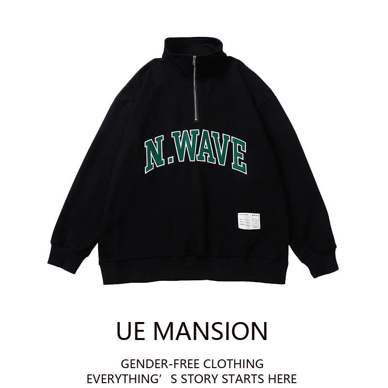 UE MANSION美式复古情侣拉链polo卫衣男宽松立领字母刺绣女上衣潮