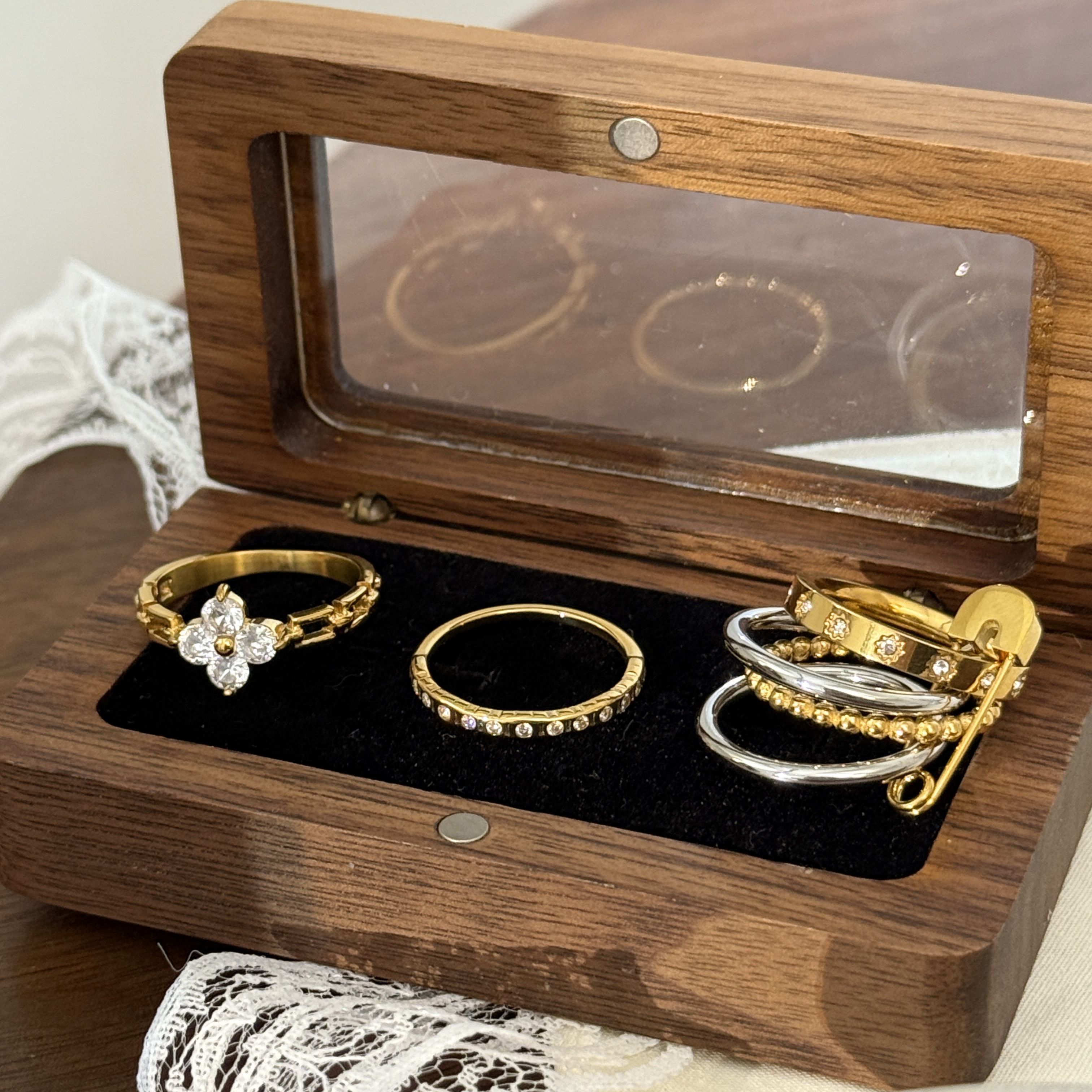 不掉色钛钢戒指女新款重工别针四叶草小众设计感ins风叠戴指环女