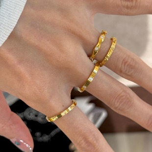 法式光芒批花钛钢不掉色戒指女素圈叠戴百搭金色指环洗手不用摘