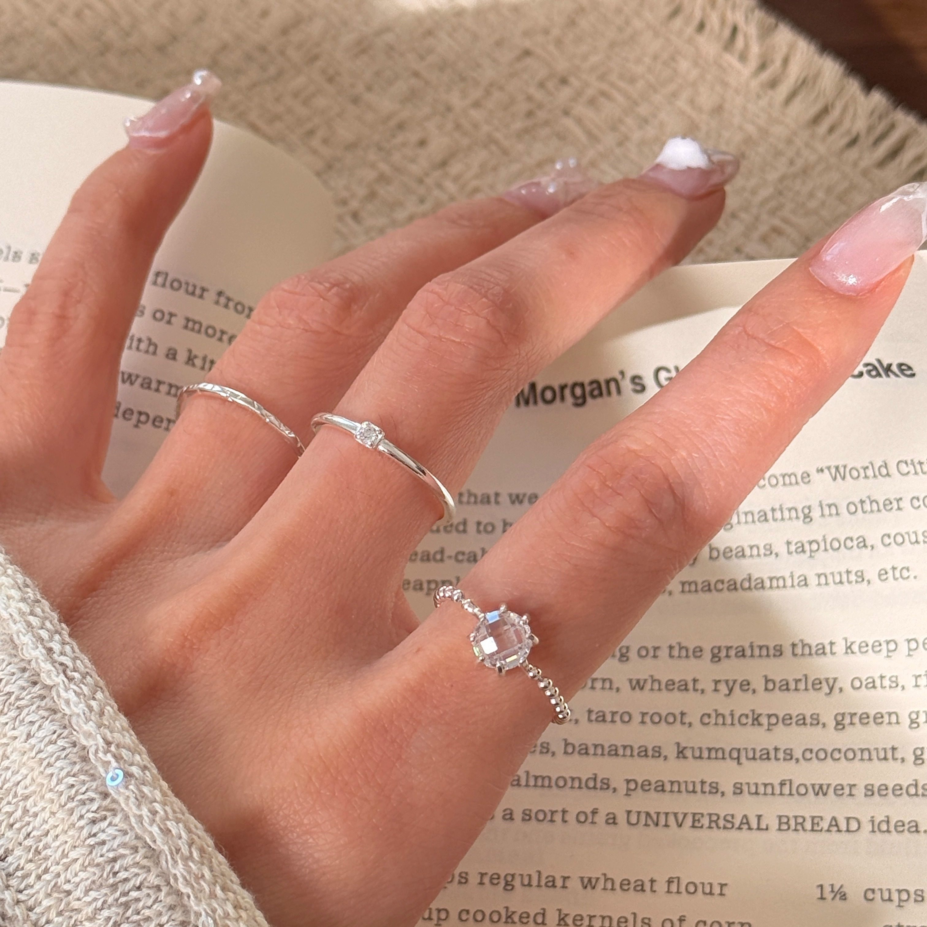 s925纯银几何水晶戒指女精致肌理感食指戒时尚开口戒女轻奢百搭款