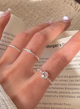 s925纯银几何水晶戒指女精致肌理感食指戒时尚开口戒女轻奢百搭款