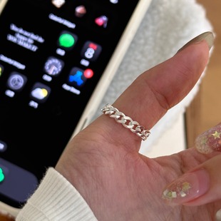 s925古巴链条纯银戒指重工嘻哈冷淡风简约软链条指环戒子男女情侣