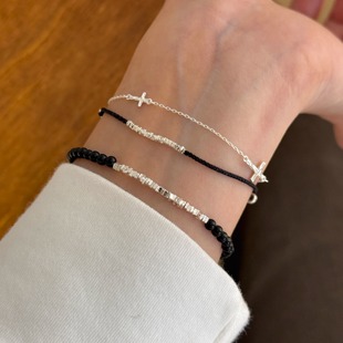 S925纯银手链女细款小众设计高级感叠戴十字架碎银子串珠情侣手饰