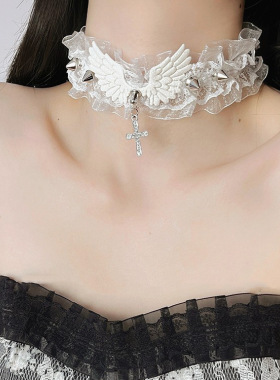 十字架天使翅膀蕾丝锁骨链脖链颈链铆钉十字吊坠choker项圈国风