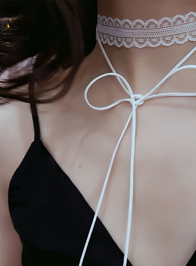 春夏百搭叠戴层次感设计白色蕾丝飘带细窄女锁骨颈带丝巾情趣项圈
