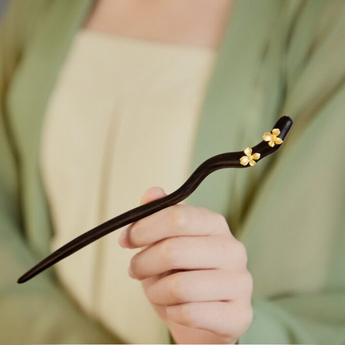 金属小桂花发簪日常通勤新中式国风簪子送女朋友天然檀木古风发饰