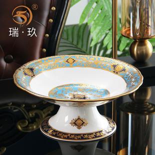 干果水果盘家用客厅茶几果盆轻奢摆件盘子骨瓷高足盘 高脚果盘欧式