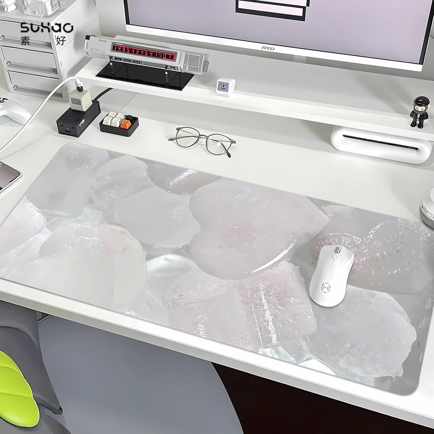 夏季清凉鼠标垫超大女冰块ins风波点电脑桌垫滑鼠垫电竞键盘垫子