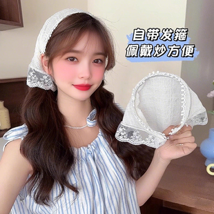 白色蕾丝三角巾头巾女田园风发带头箍高级感头巾发箍一体包头发饰