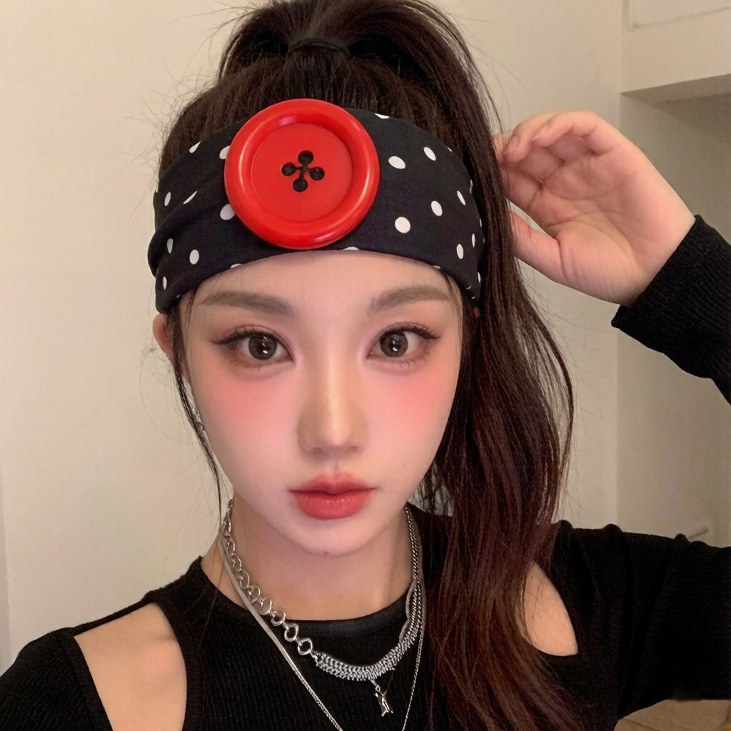 趣味大纽扣束发带女小众潮酷夏季薄款多巴胺波点高弹力古早味发饰
