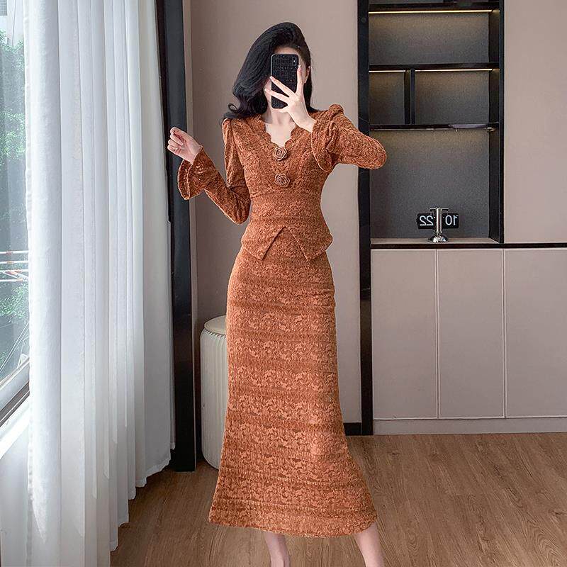 RIERA复古千金小姐小香风套装裙女秋冬高级感提花蕾丝上衣半身裙