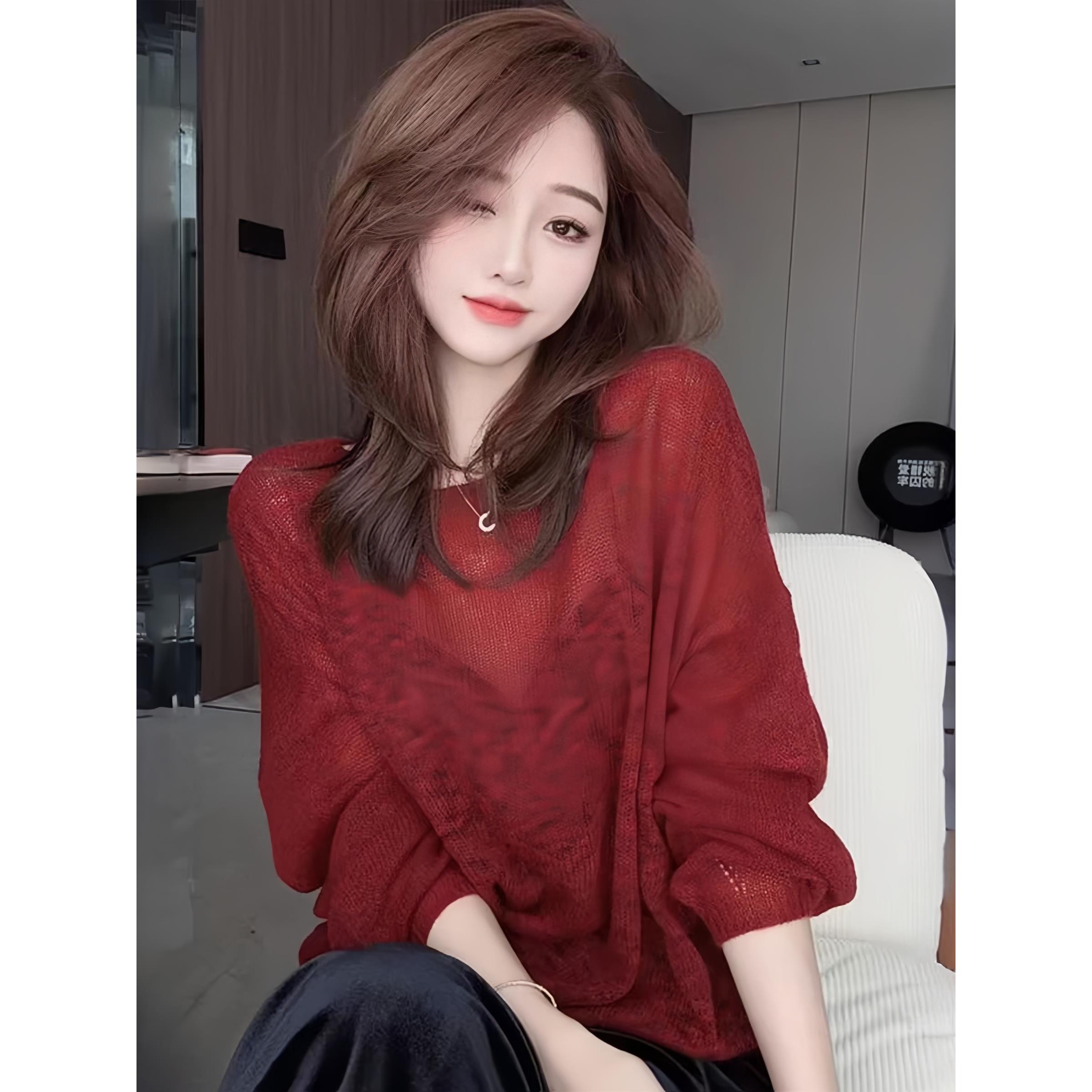 JOYIASS今年流行红色镂空圆领长袖针织衫女新款秋季宽松小个子内