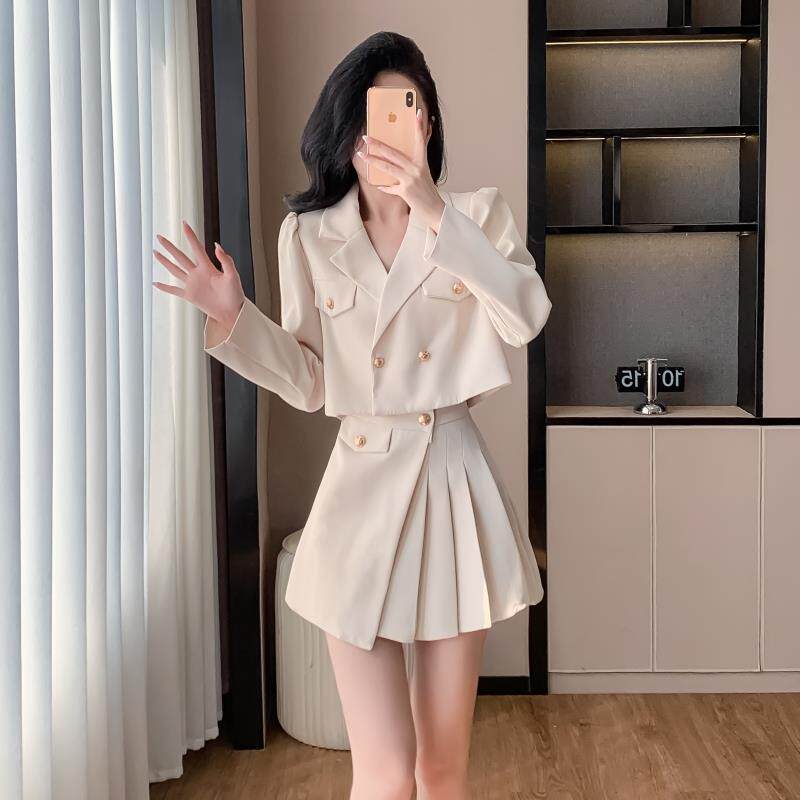 RIERA时尚轻奢西装套装裙女装春秋季短款正肩长袖外套上衣百褶裙