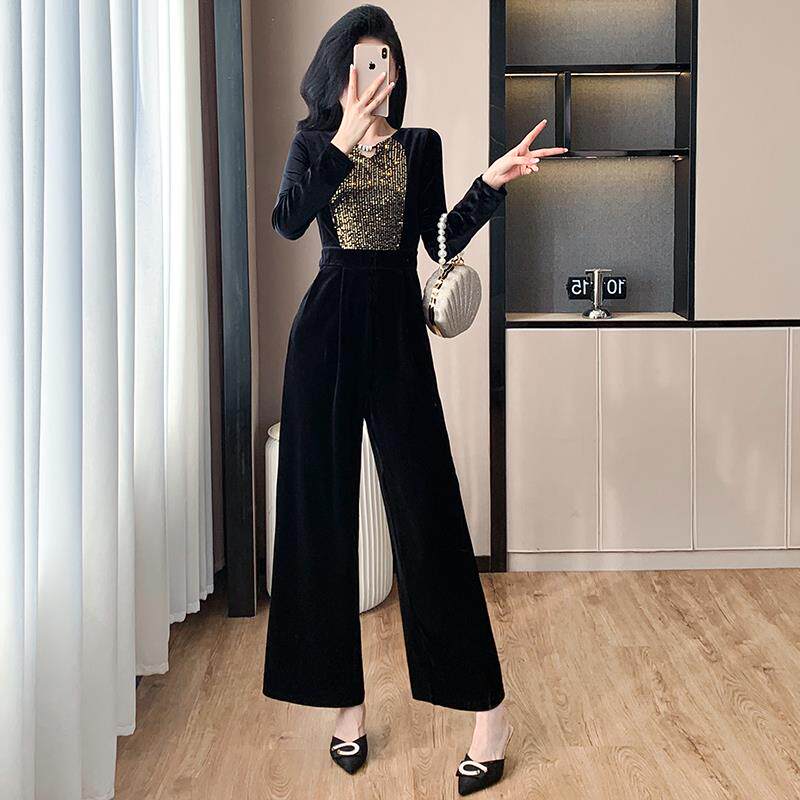 RIERA黑色高级感显瘦丝绒连体裤女秋冬高端精致气质御姐休闲阔腿
