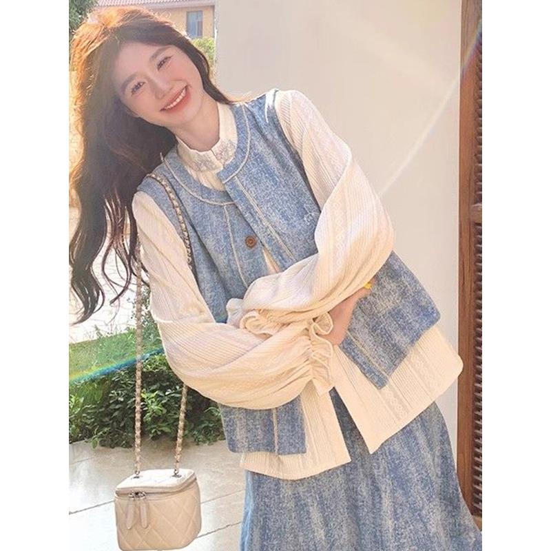 JOYIASS新款设计感马甲半身裙秋冬季三件套蓝色小清新牛仔一整套