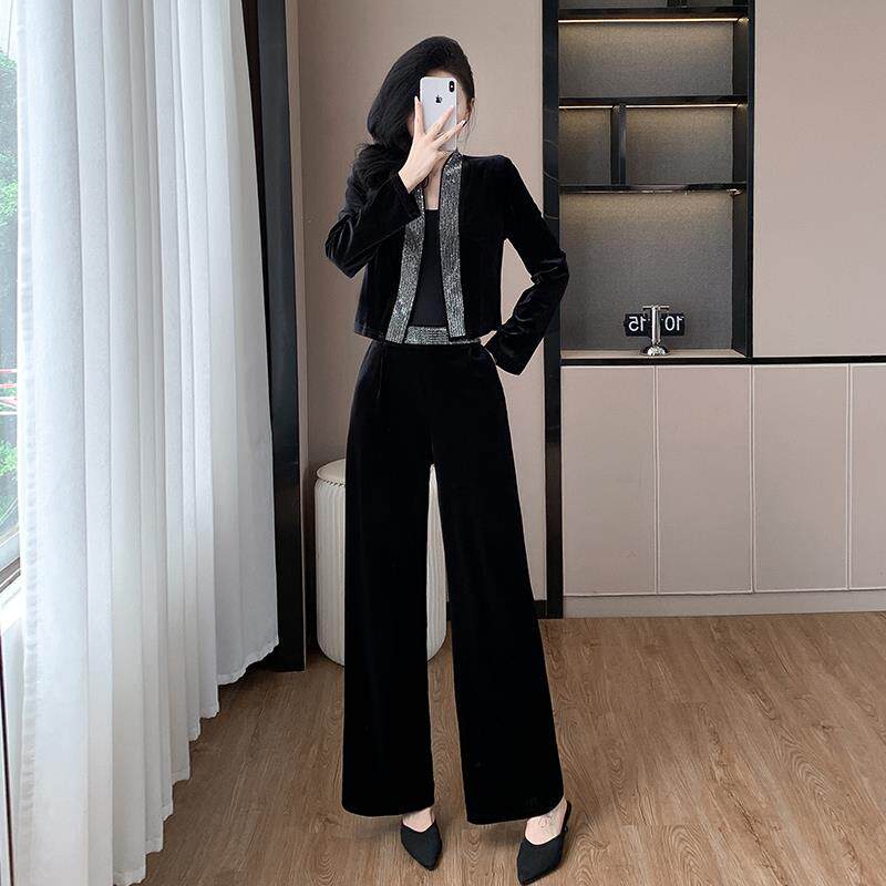 RIERA时尚精致金丝绒套装女法式早秋穿搭两件套名媛烫钻西服外套