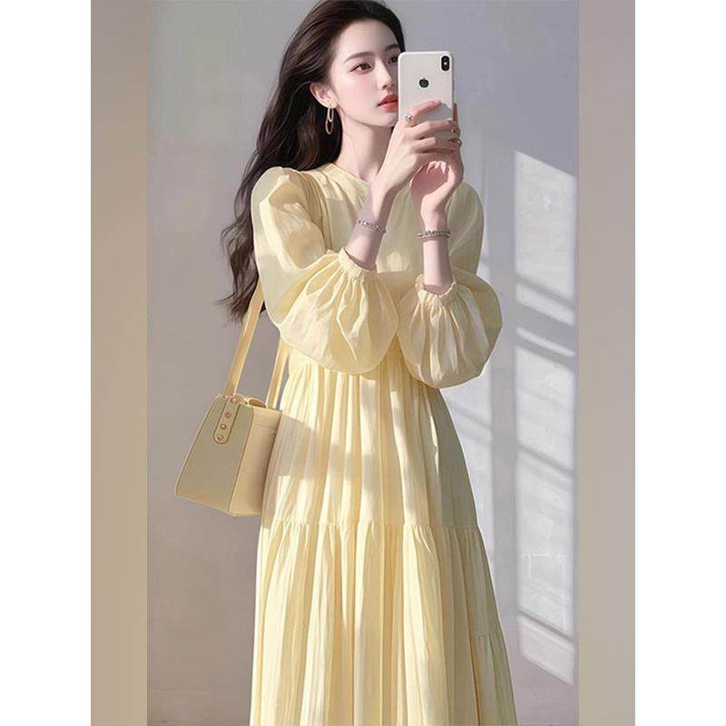 JOYIASS法式轻奢气质温柔风桔梗泡泡袖连衣裙女初秋装新款收腰a字