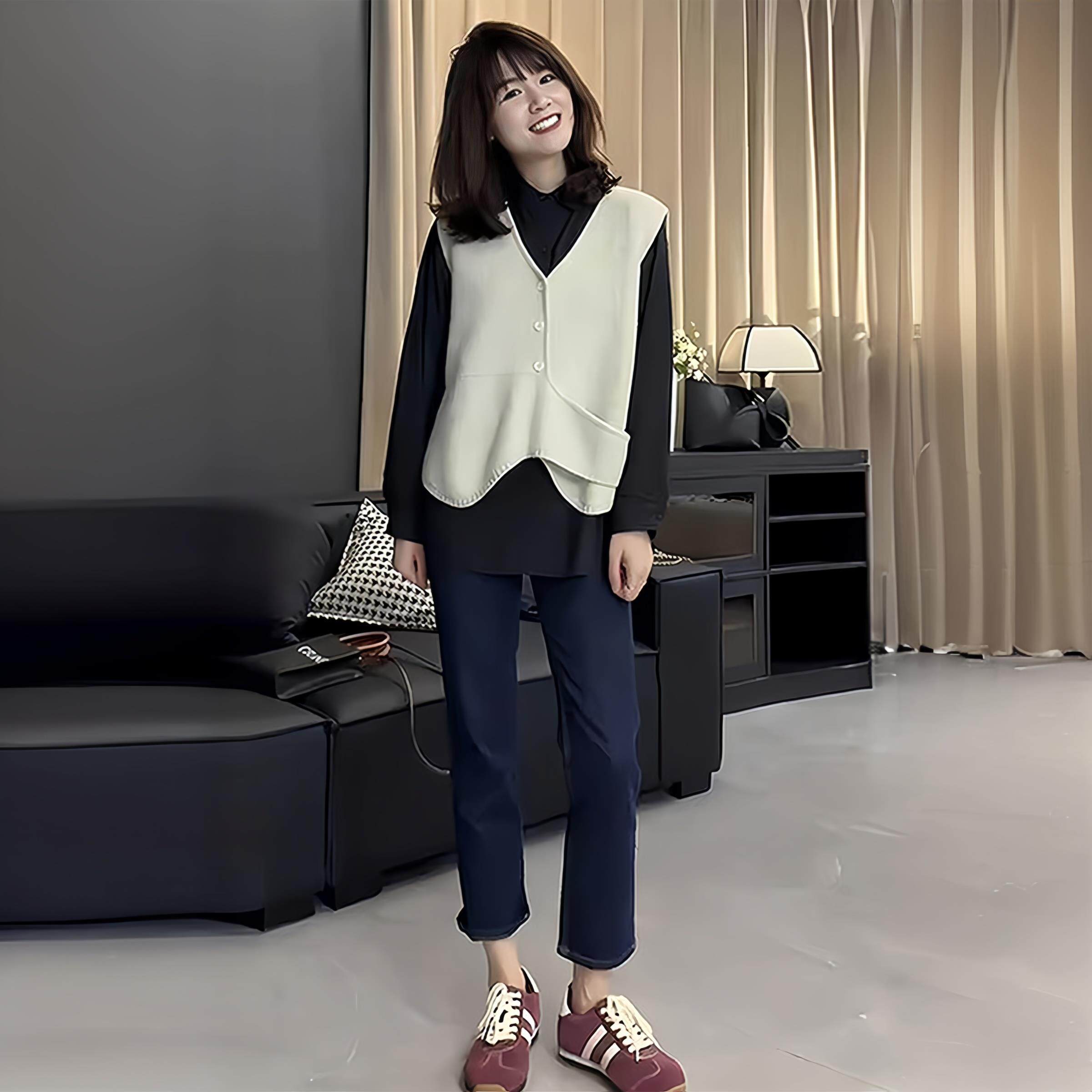 JOYIASS韩式流行套装女秋装设计感洋气无袖马甲搭配开衫黑色衬衫