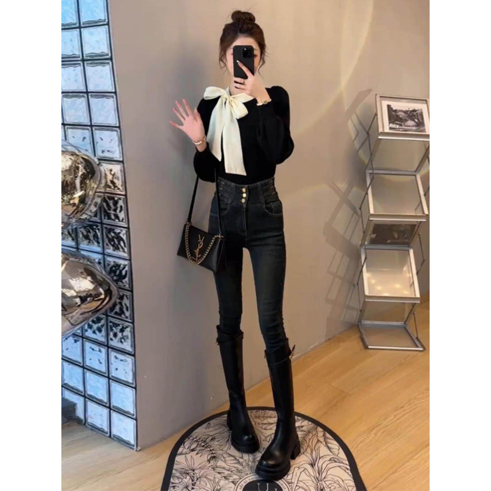 JOYIASS韩系小众设计感蝴蝶绑带泡泡袖针织衫女秋季新款修身显瘦