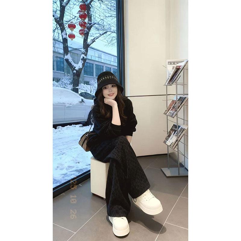 JOYIASS大码豹纹连帽卫衣松紧腰阔腿裤两件套女胖mm显瘦秋季穿搭